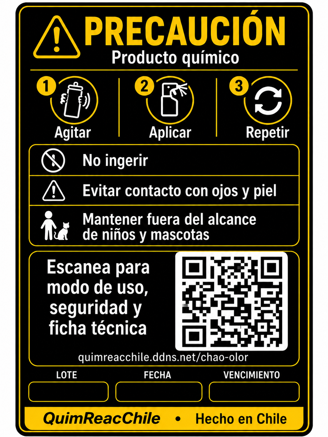 Etiqueta posterior del formato Chao Olor 250 ml con indicaciones de seguridad