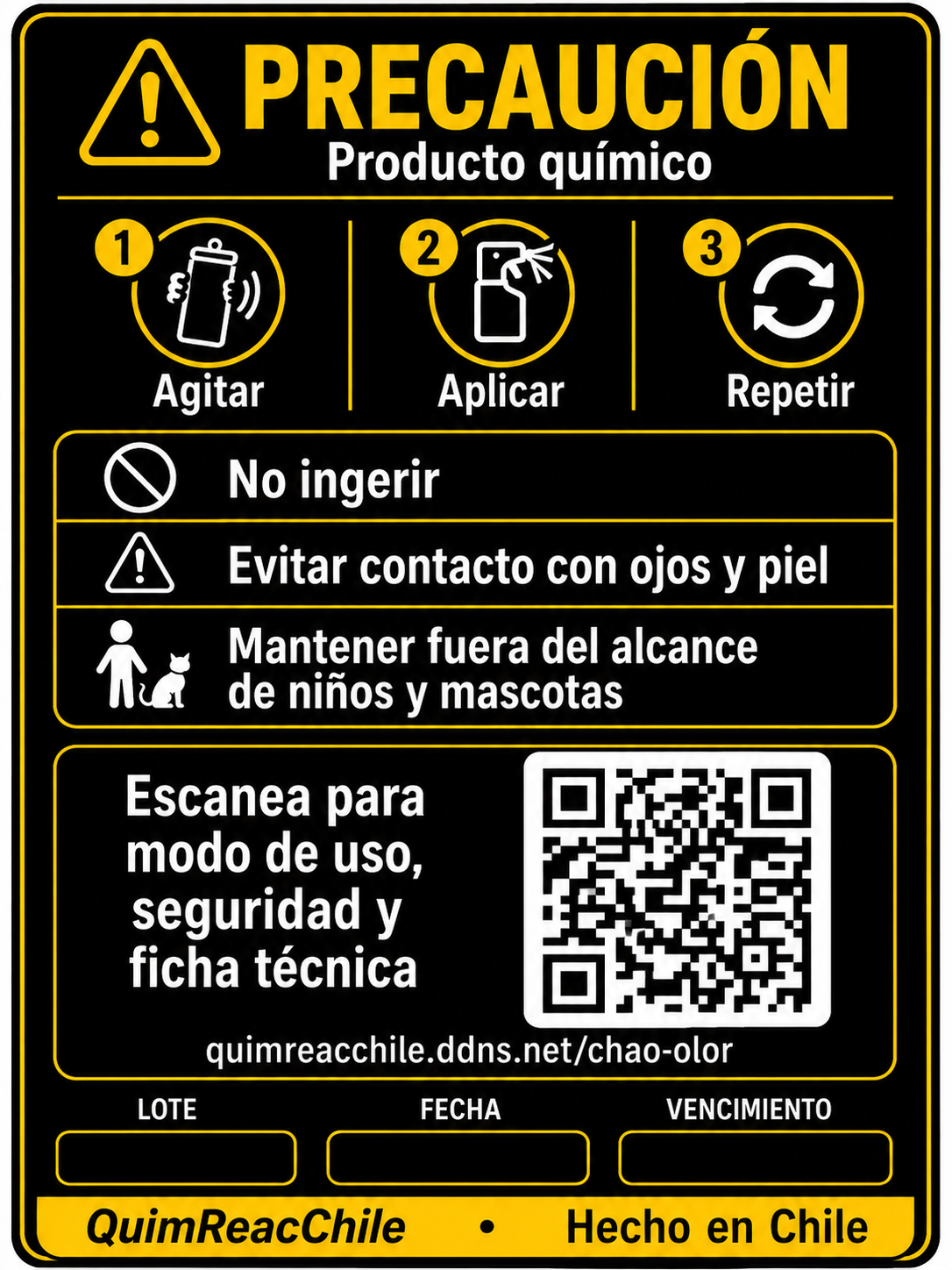 Etiqueta posterior del formato Chao Olor 900 ml con indicaciones de seguridad
