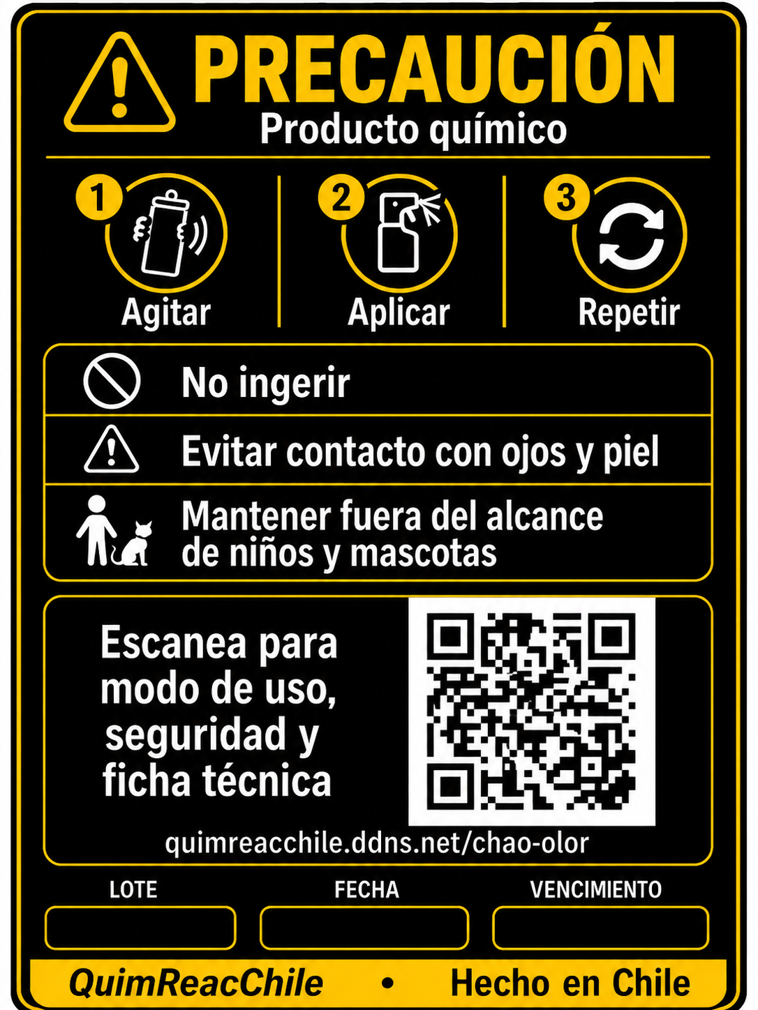 Etiqueta posterior del formato Chao Olor 250 ml con indicaciones de seguridad