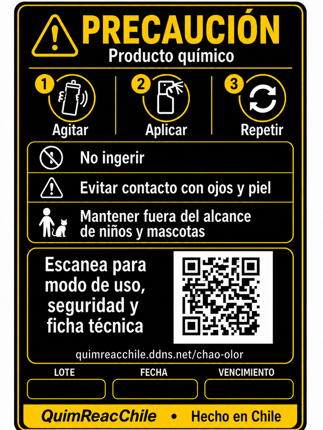 Etiqueta posterior del formato Chao Olor 900 ml con indicaciones de seguridad